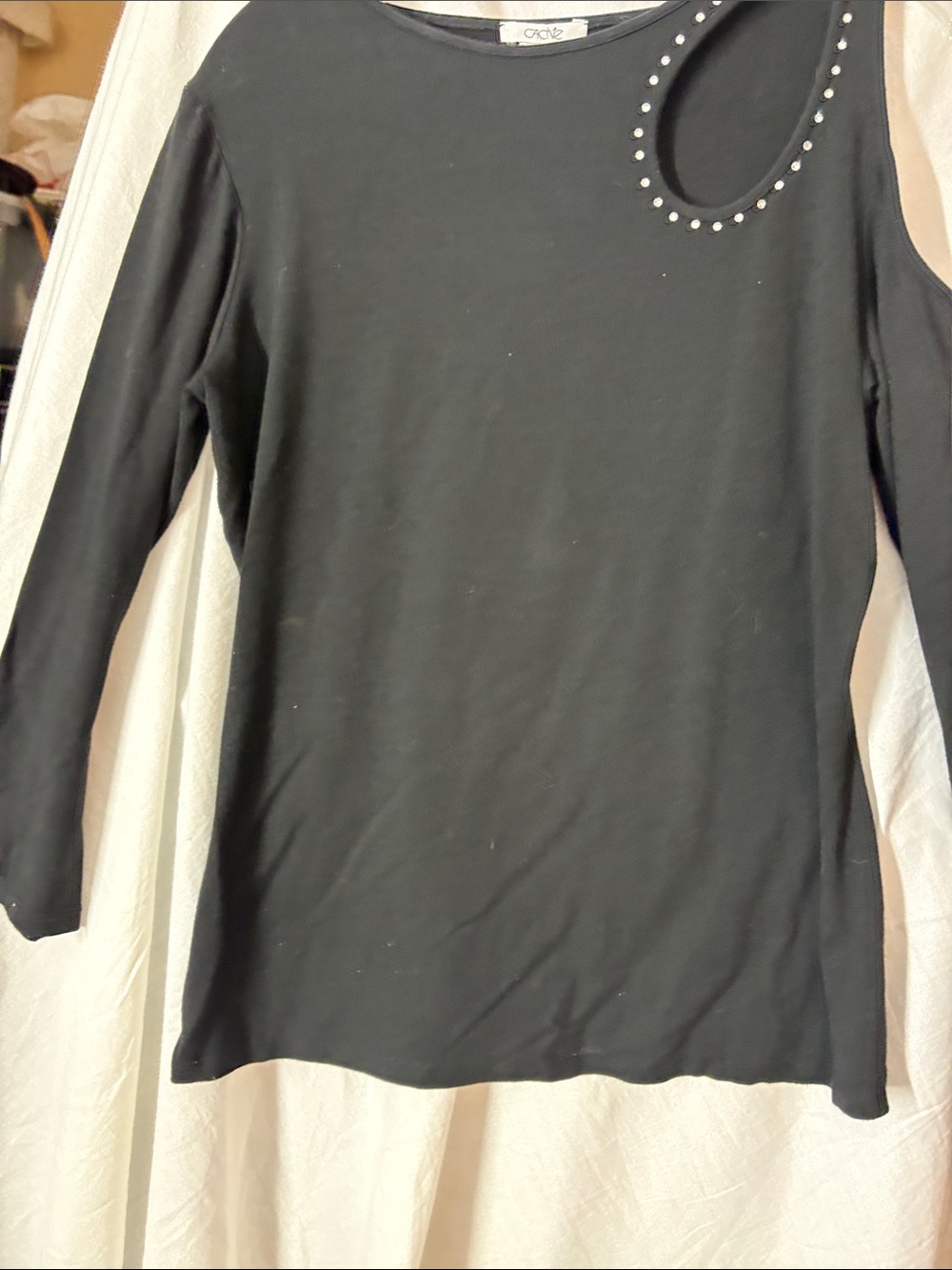 Cache Black Long-Sleeve Top with Stud-Trim Cutout